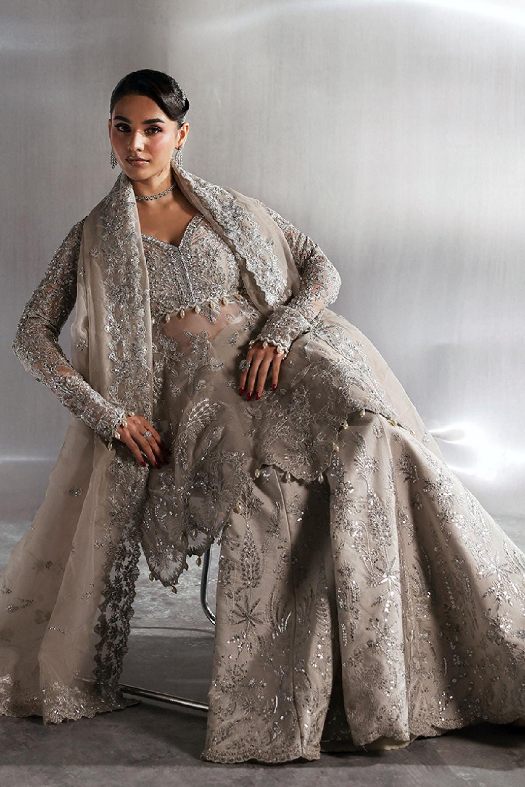 Designer Grey Organza Pakistani Suit, kamdani Sequence Work, Eid Outfit