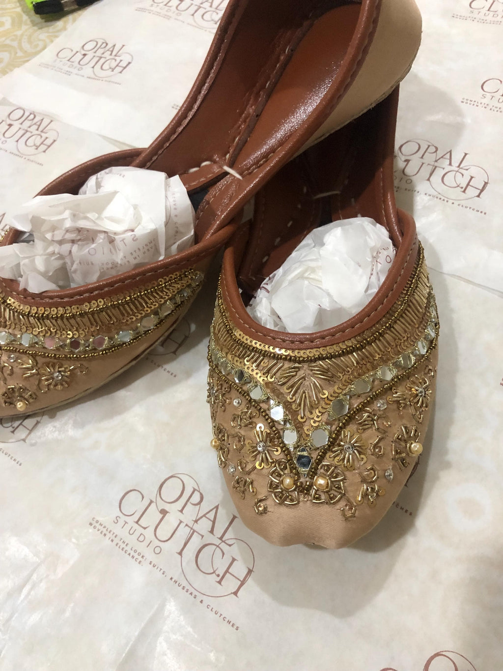 Handmade Gold Silk Jutti, Beaded & Sequined Punjabi Flats