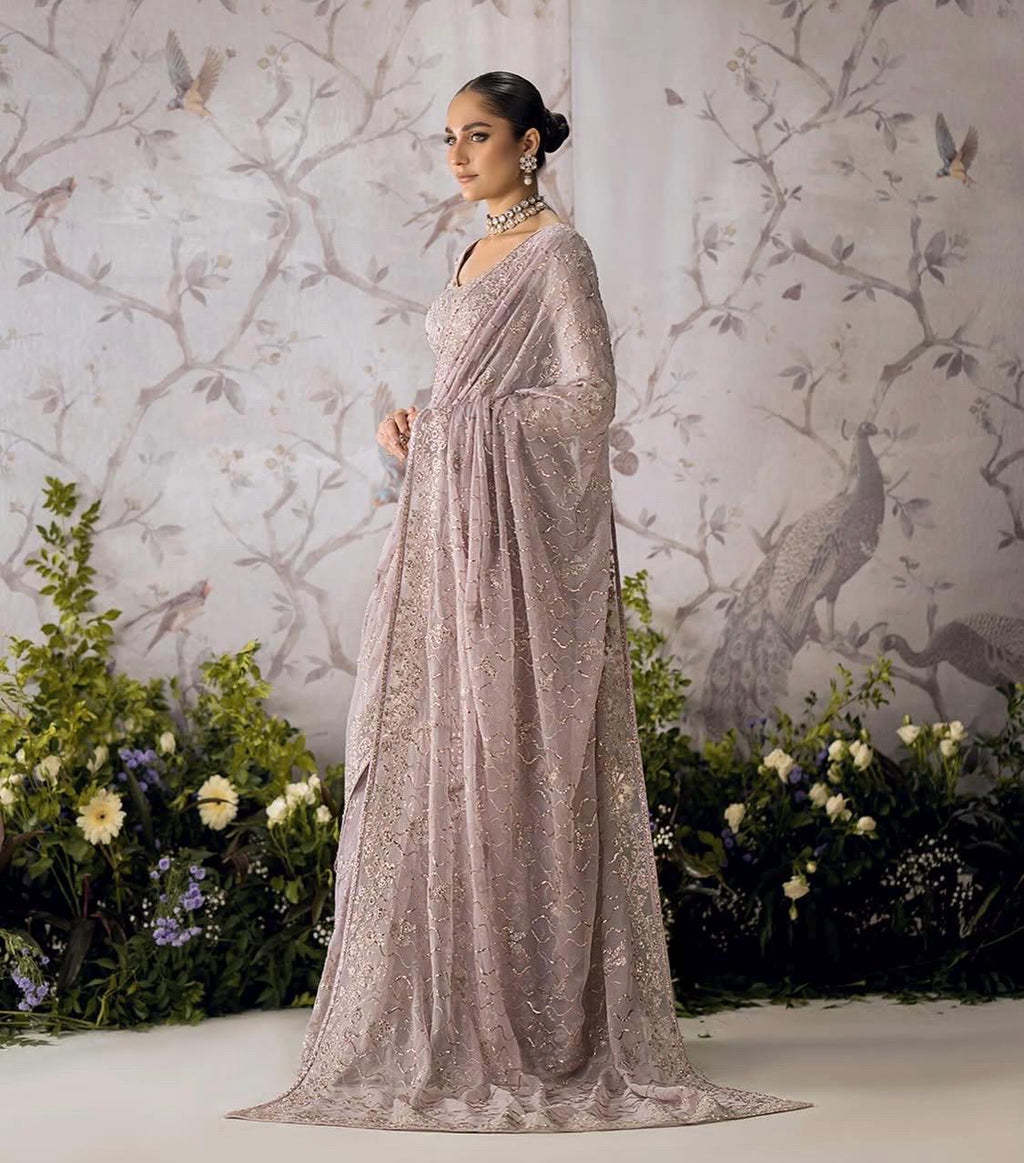 Lilac Chiffon Saree: Silver Tilla Thread, Sequins Embroidery