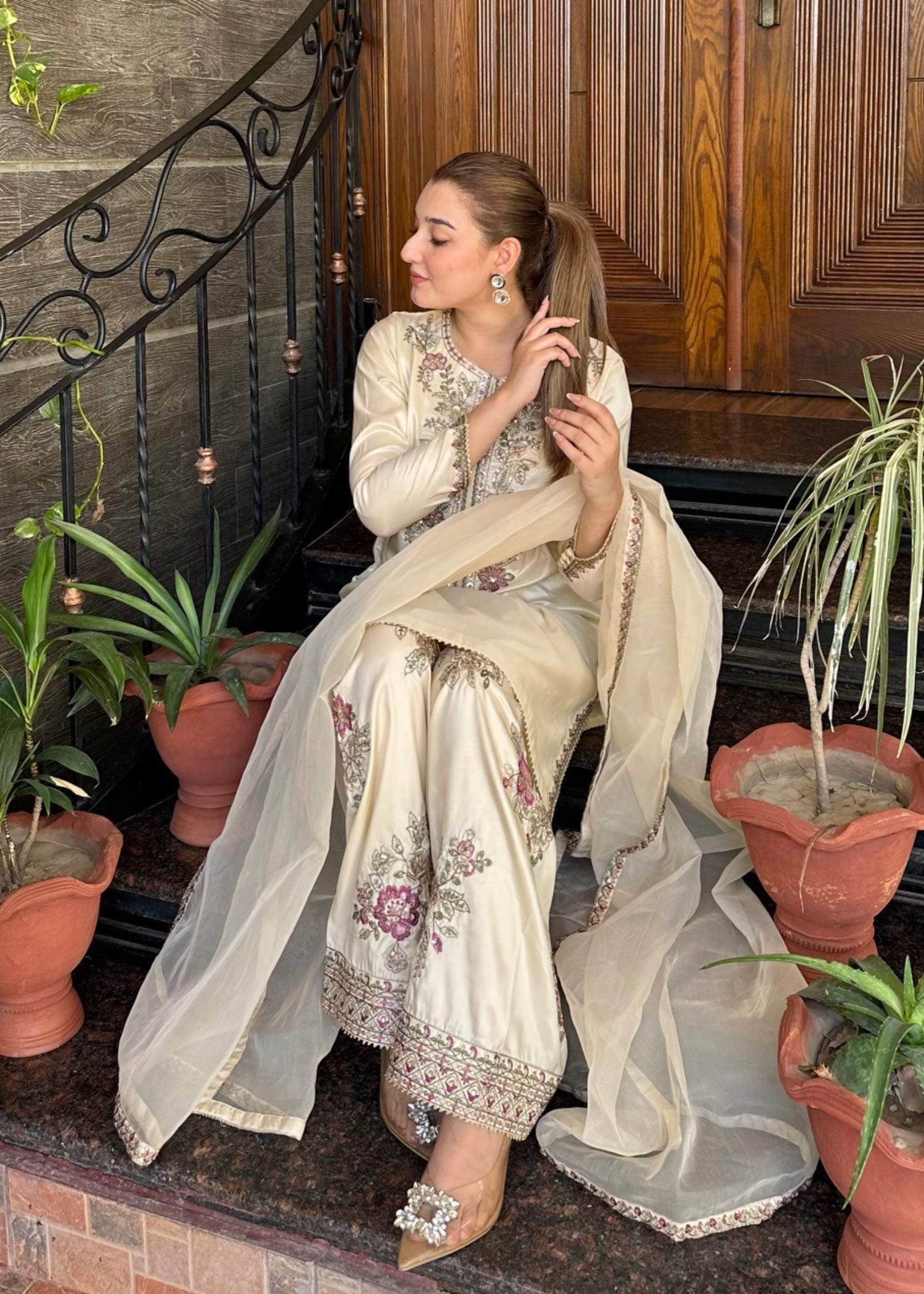 Embroidered Silk Shalwar Suit, Off-White Farshi, Organza Dupatta