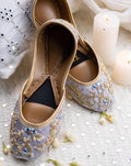 Handmade Lilac Jutti Flats: Silver Floral Embroidered Mojari