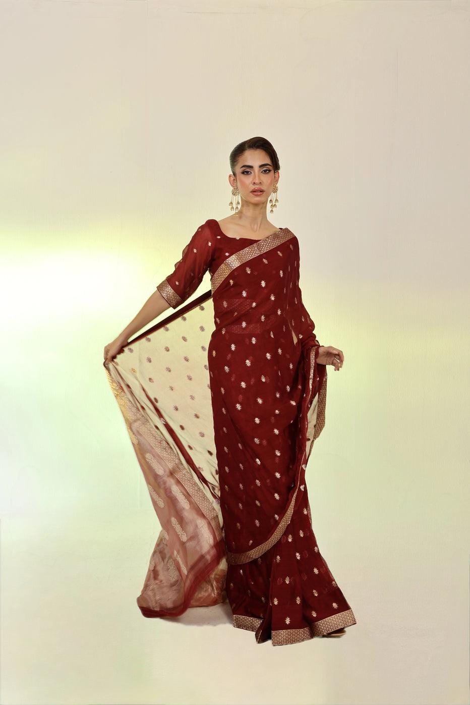 Maroon Banarasi Chiffon Saree with Matching Blouse