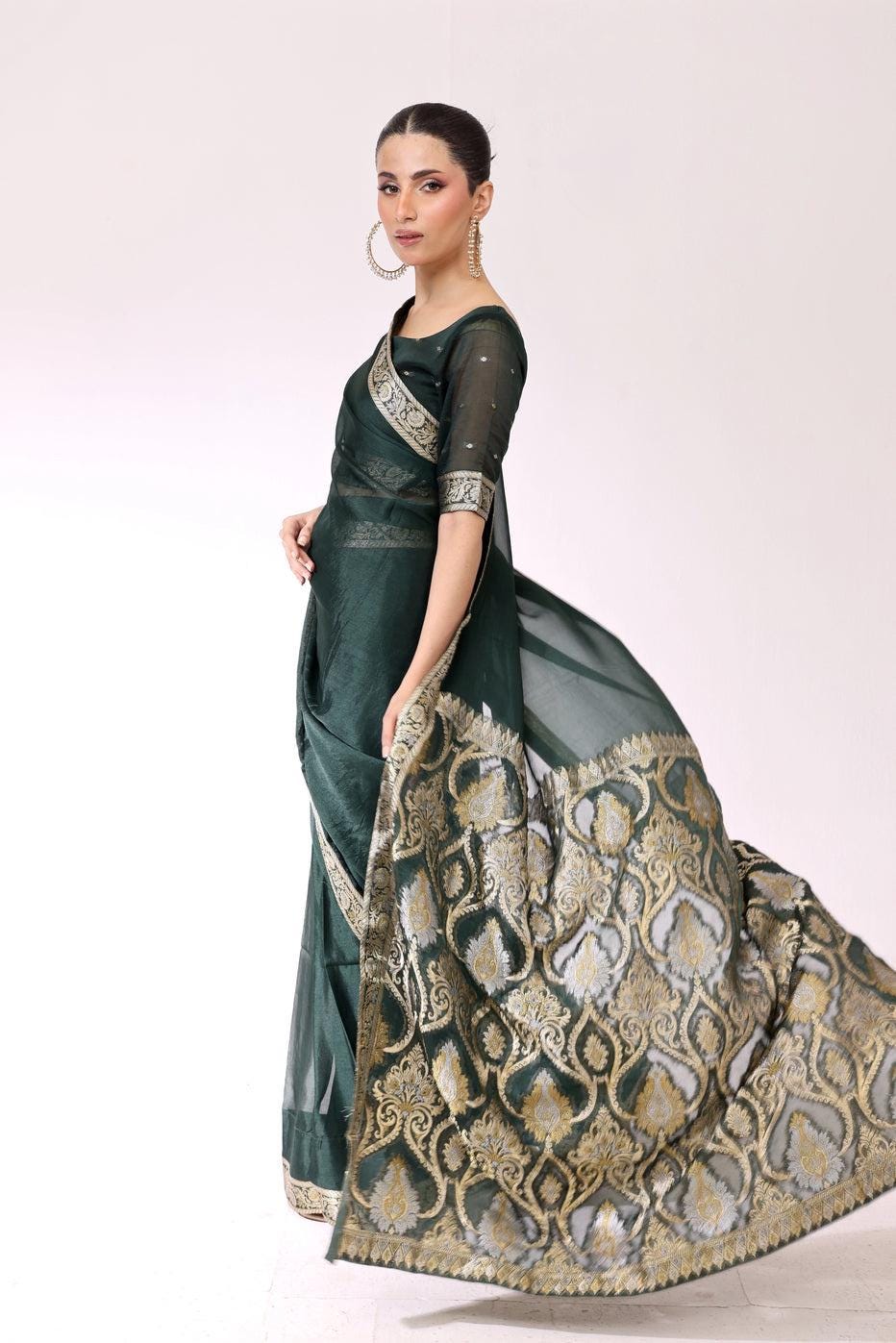 Emerald Green Banarasi Chiffon Saree, Indian Wedding Wear