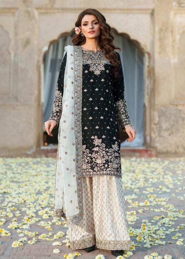 Black Kamdani Punjabi Suit, 3pc Chiffon Kurta, Organza Dupatta