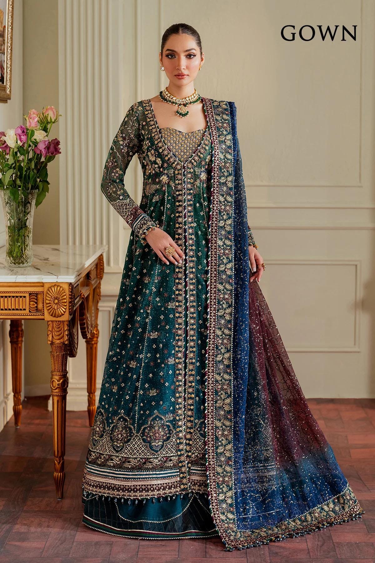 Blue Chiffon Pakistani Gown | Embroidered Dupatta, Silk Trouser