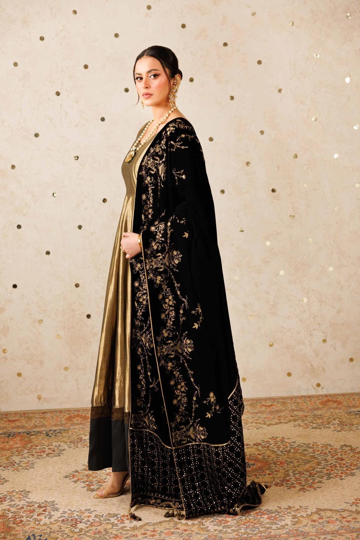 Black Velvet Shawl – Gold Sequins & Tila Embroidery, Formal Occasion