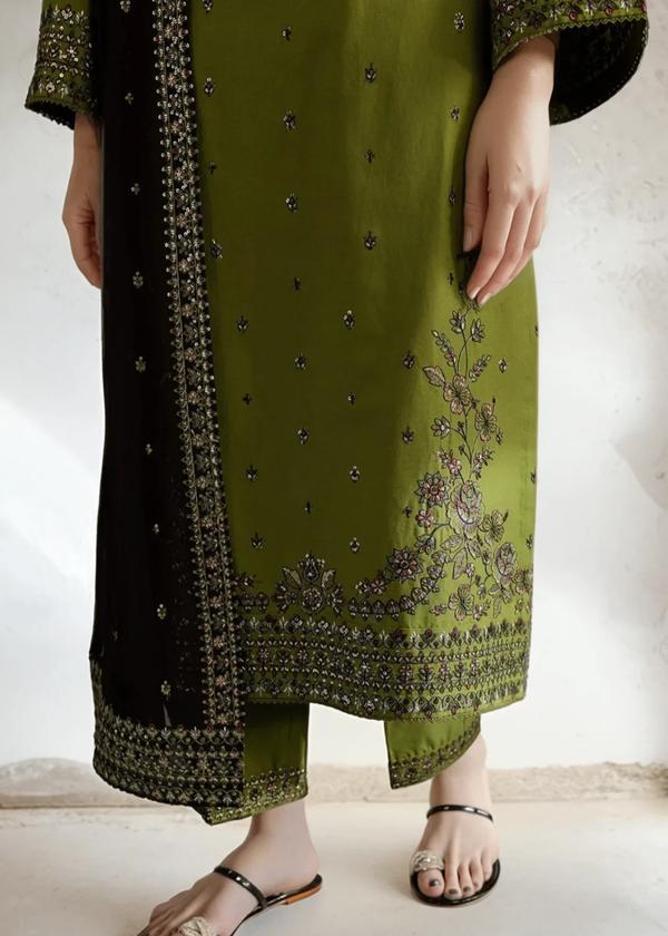 Embroidered Khaddar Olive Green Salwar Kameez with Chiffon Dupatta