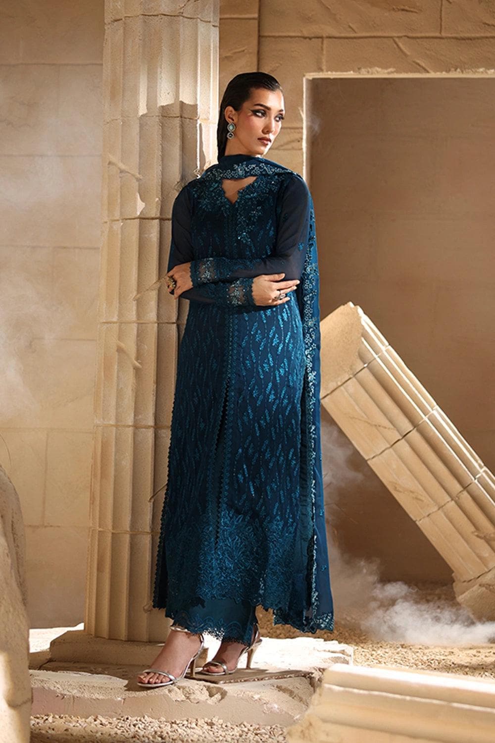 Teal blue  Chiffon Pakistani Bridal Suit: Embroidered Net Dress, long shirt