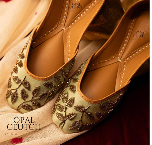 Elegant Pistachio Green Silk Jutti with Exquisite Glass Bead Embroidery | Free Shipping Included