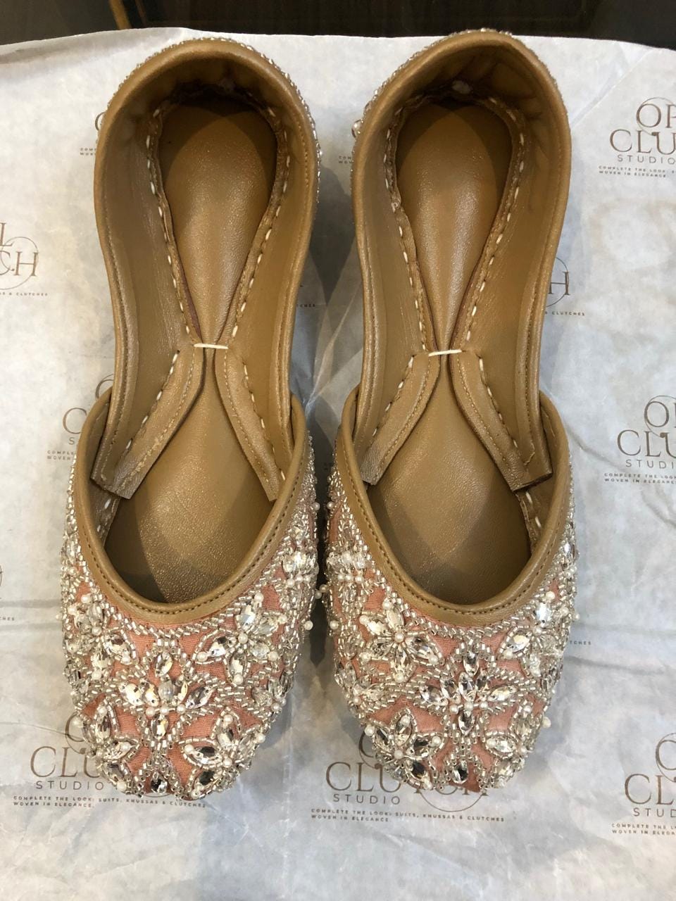 Handmade Leather Jutti – Taupe Silk, Floral Embroidered Bridal Flats