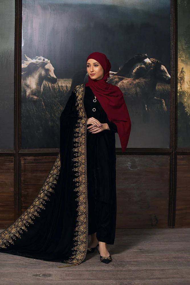 Gold Zari Tilla Black Velvet Bridal Shawl, Kashmiri Style