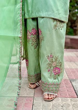 Embroidered Silk Farshi Shalwar Suit, Mint Green Pakistani Dress, Organza Dupatta