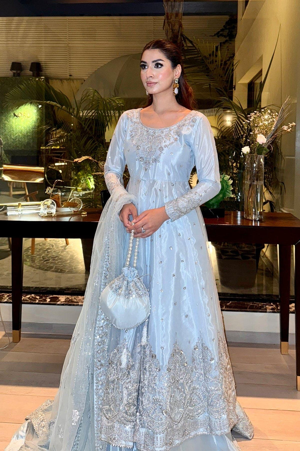 Embroidered Net Frock, Sky Blue Pakistani Maxi Dress, Lengha India