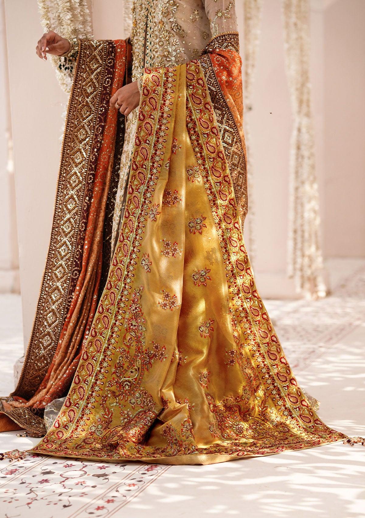 Gold Indian Silk Kamdani Bridal Shawl