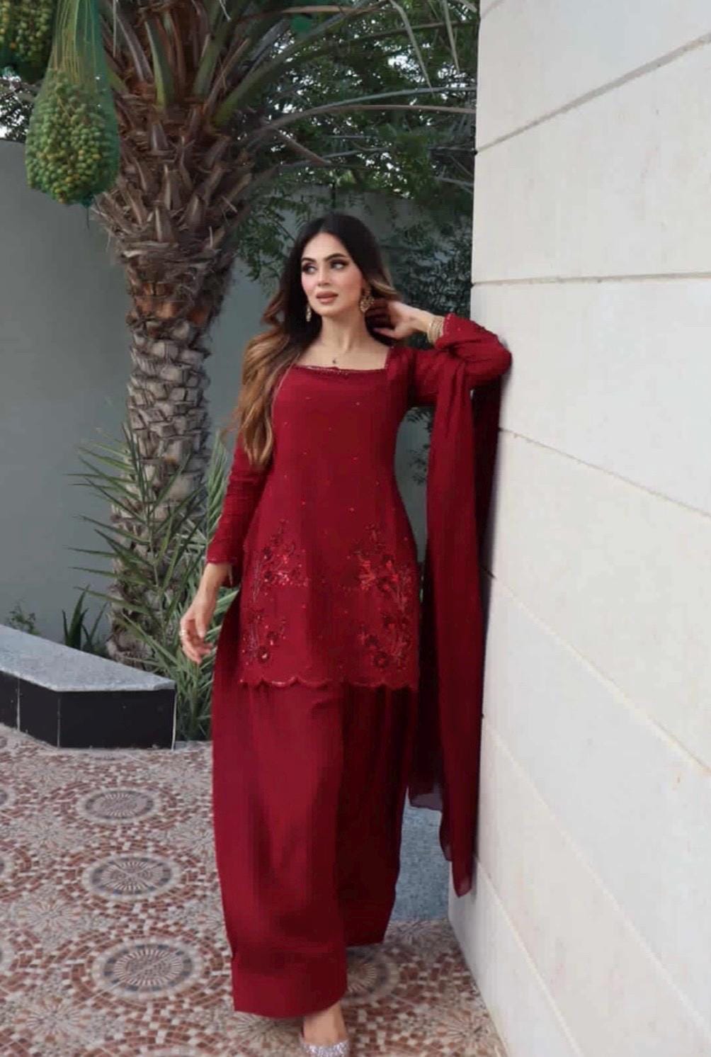 Sequin Red Silk Farshi Shalwar: Pakistani Dress