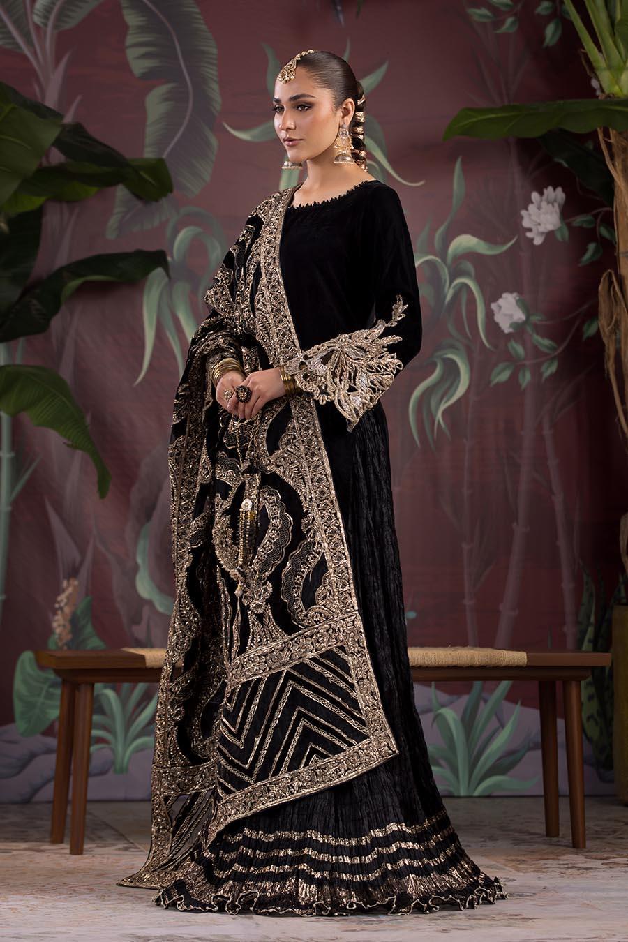 Black Velvet Bridal Shawl, Gold Embroidered Cutwork, Pakistani Designer