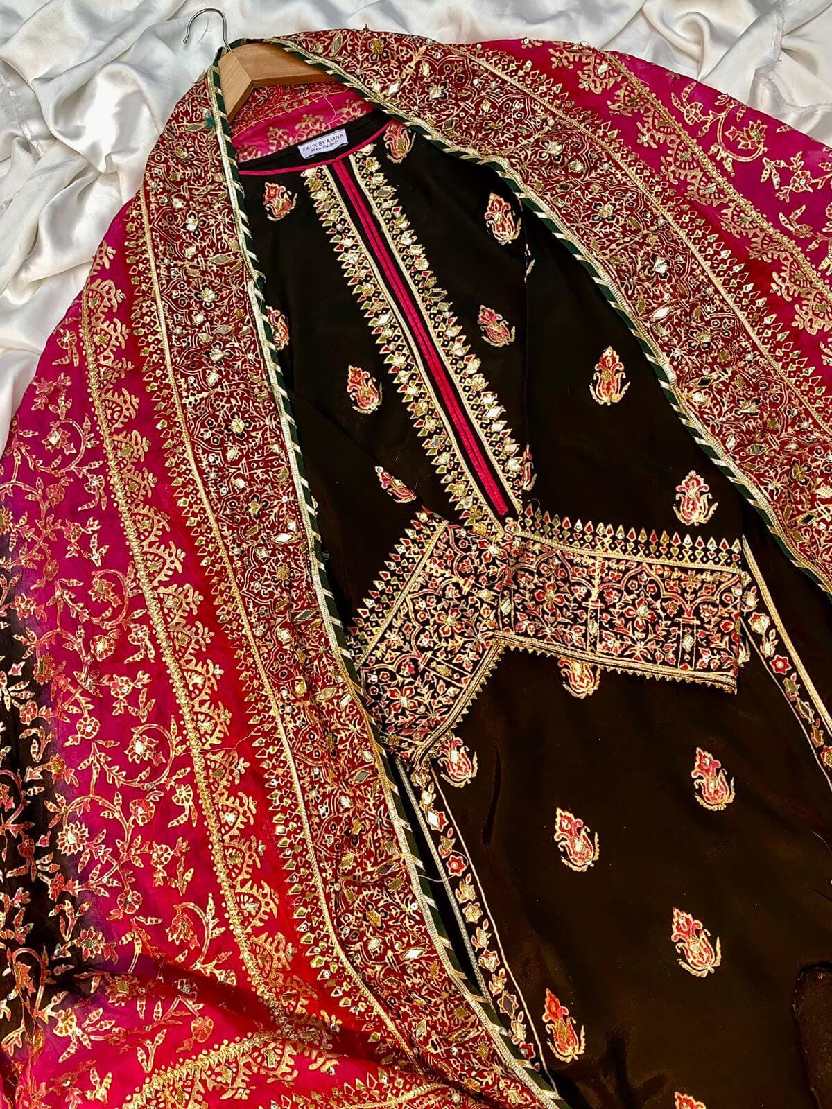 Black Silk Suit with Three-Shaded Chunari Dupatta: Mukesh Work, Golden Border
