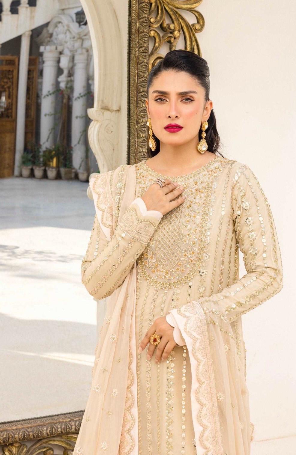 Gold Embroidered Chiffon Pakistani Suit, 3pc Shalwar Kameez
