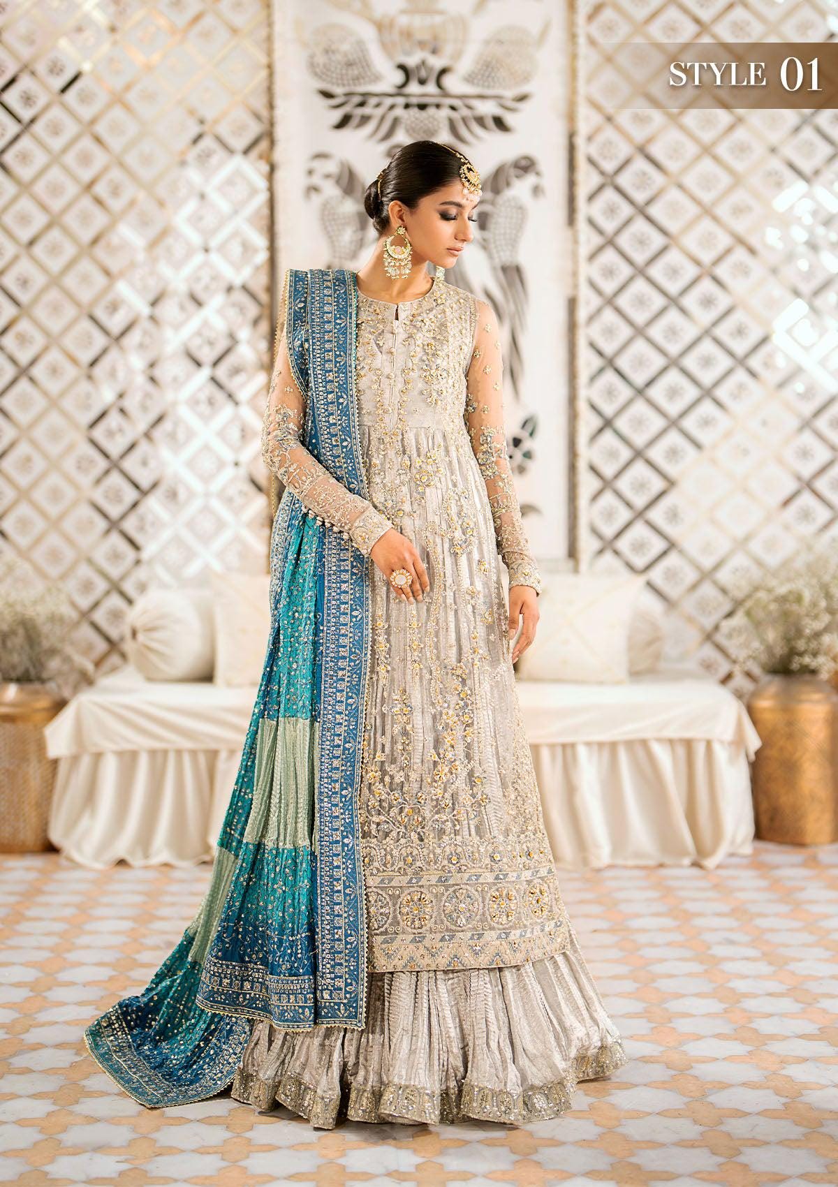 Embroidered Silk Dupatta: Grey Blue Pakistani Wedding Shawl