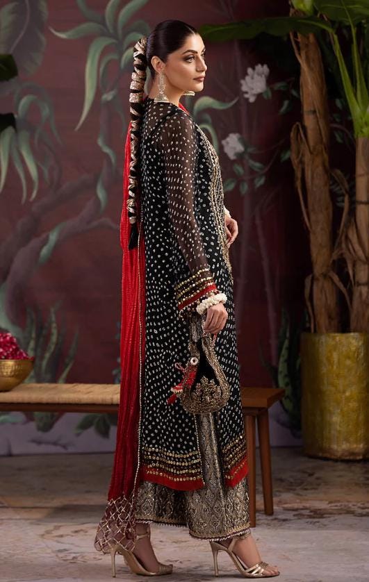 Hand Embroidered Pakistani 3pc Suit | Black Chunnari Chiffon, Festive Wedding Wear