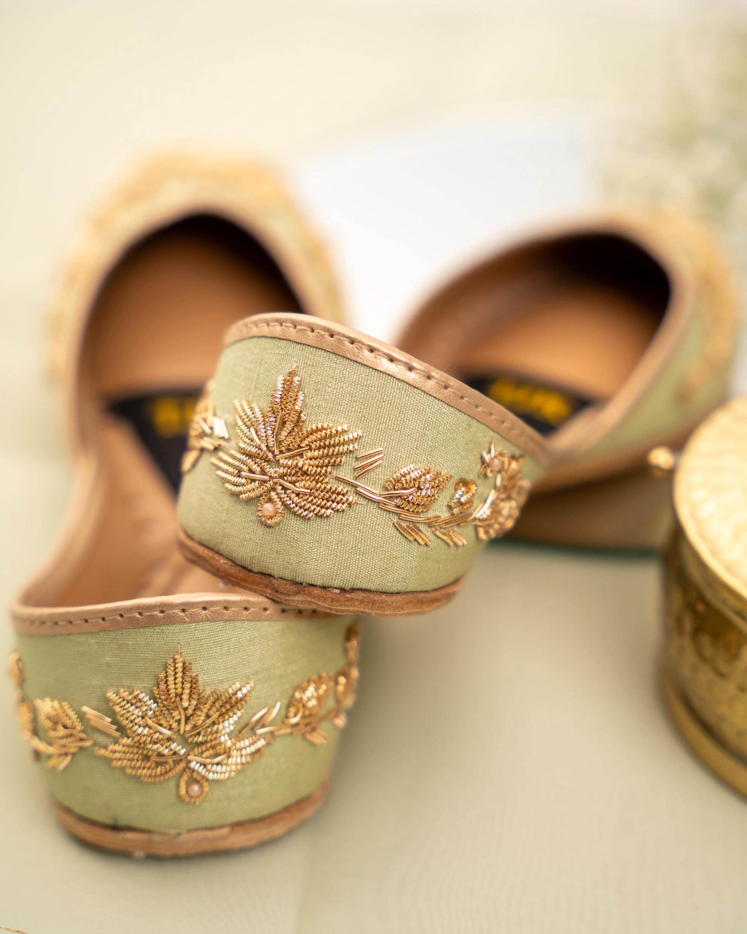 Handcrafted Haya Mint Bridal Khussa Flats: Pakistani Jutti with Silver Mirror
