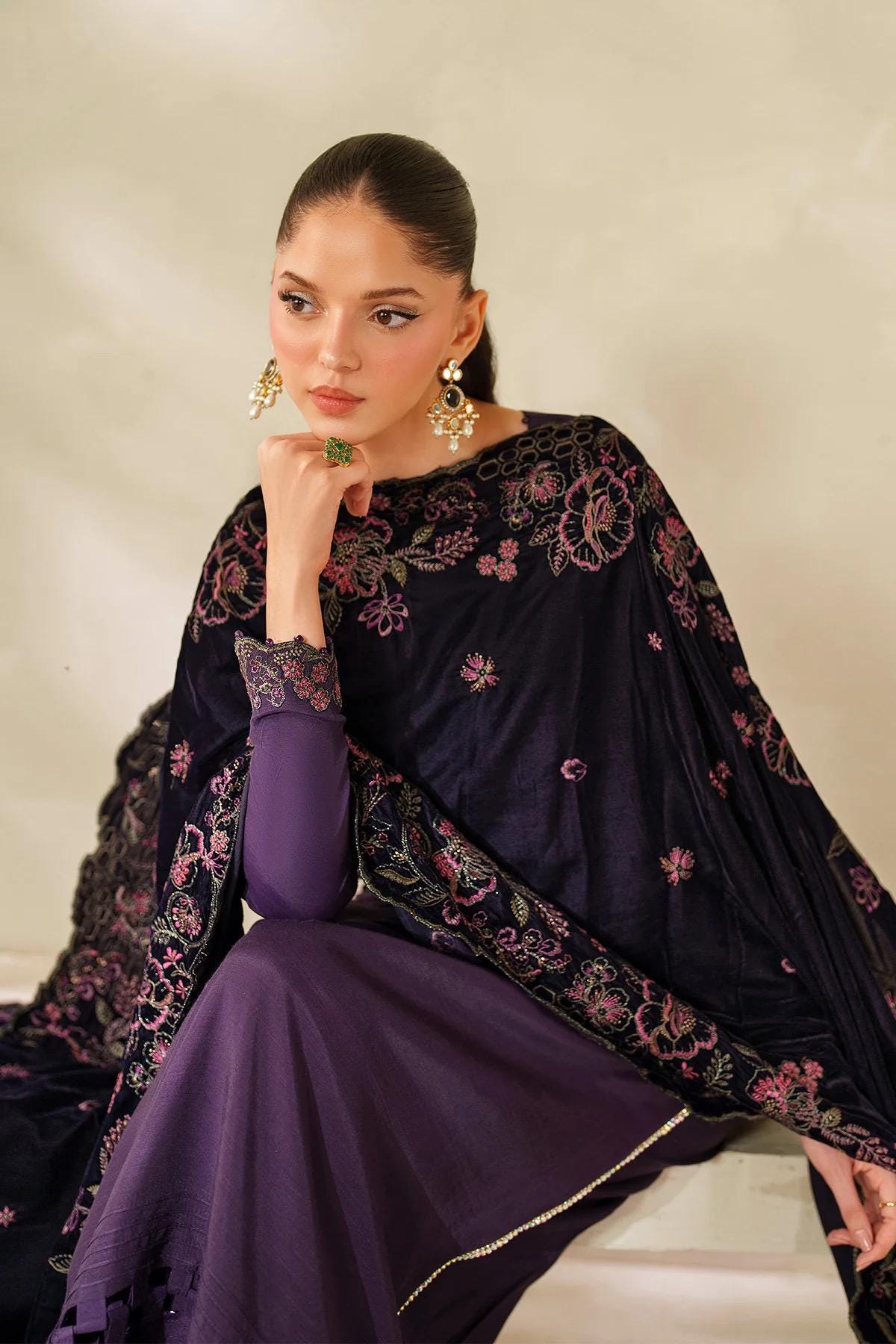 Plum Velvet Bridal Shawl, Sequins Embroidered, Kashmiri Style