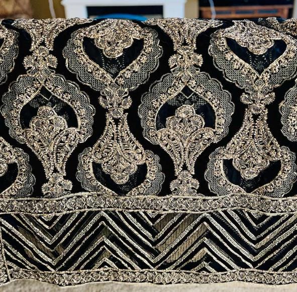 Black Velvet Bridal Shawl, Gold Embroidered Cutwork, Pakistani Designer