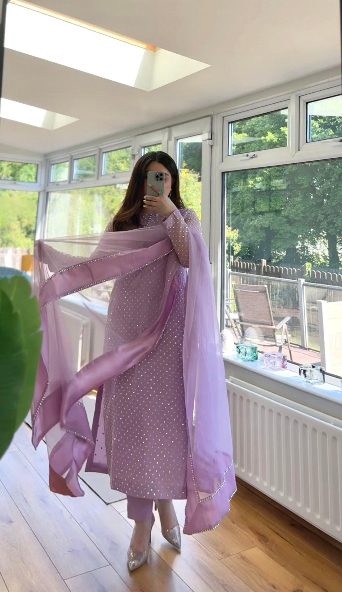 Sequin Organza Pakistani Suit: 3-Piece Wedding Guest Dress