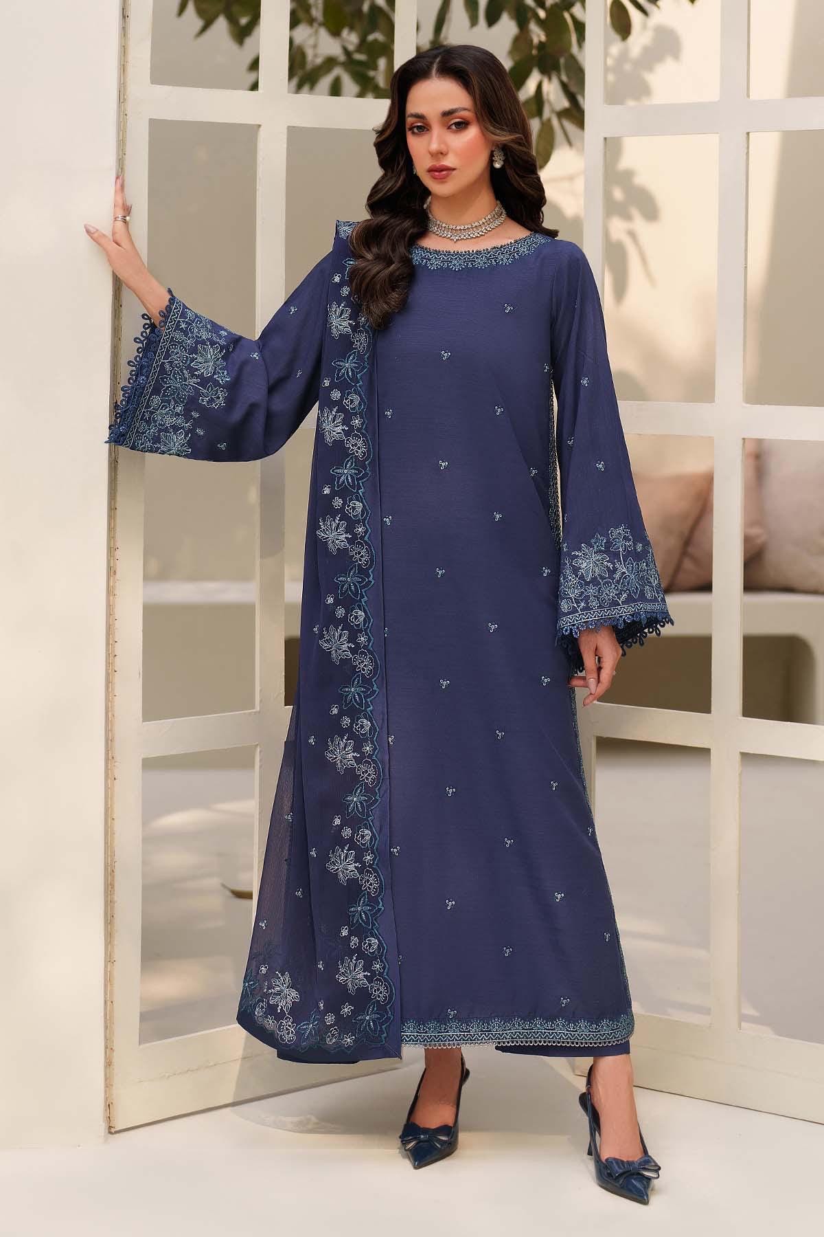 Embroidered Raw Silk Pakistani Suit Set, Blue Kurta, Trouser & Dupatta