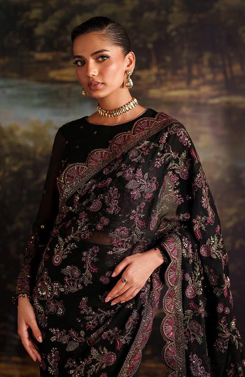 Black Sequins Embroidered Saree: Indian Party Wear, Matching Blouse