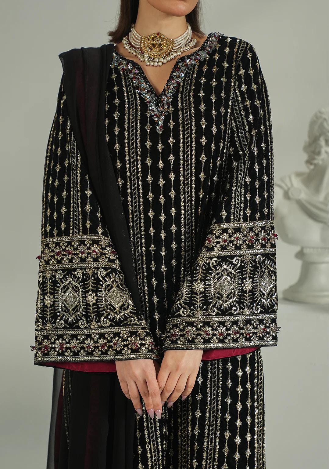 black velvet long dress with chiffon duppata: receptionwear black indian suit