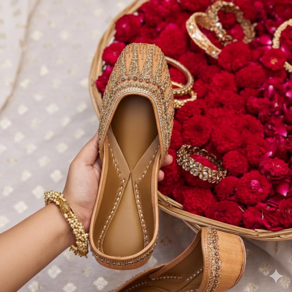 Handmade Zari Kora Work Jutti, Rust Gold Silk Khussa Flats