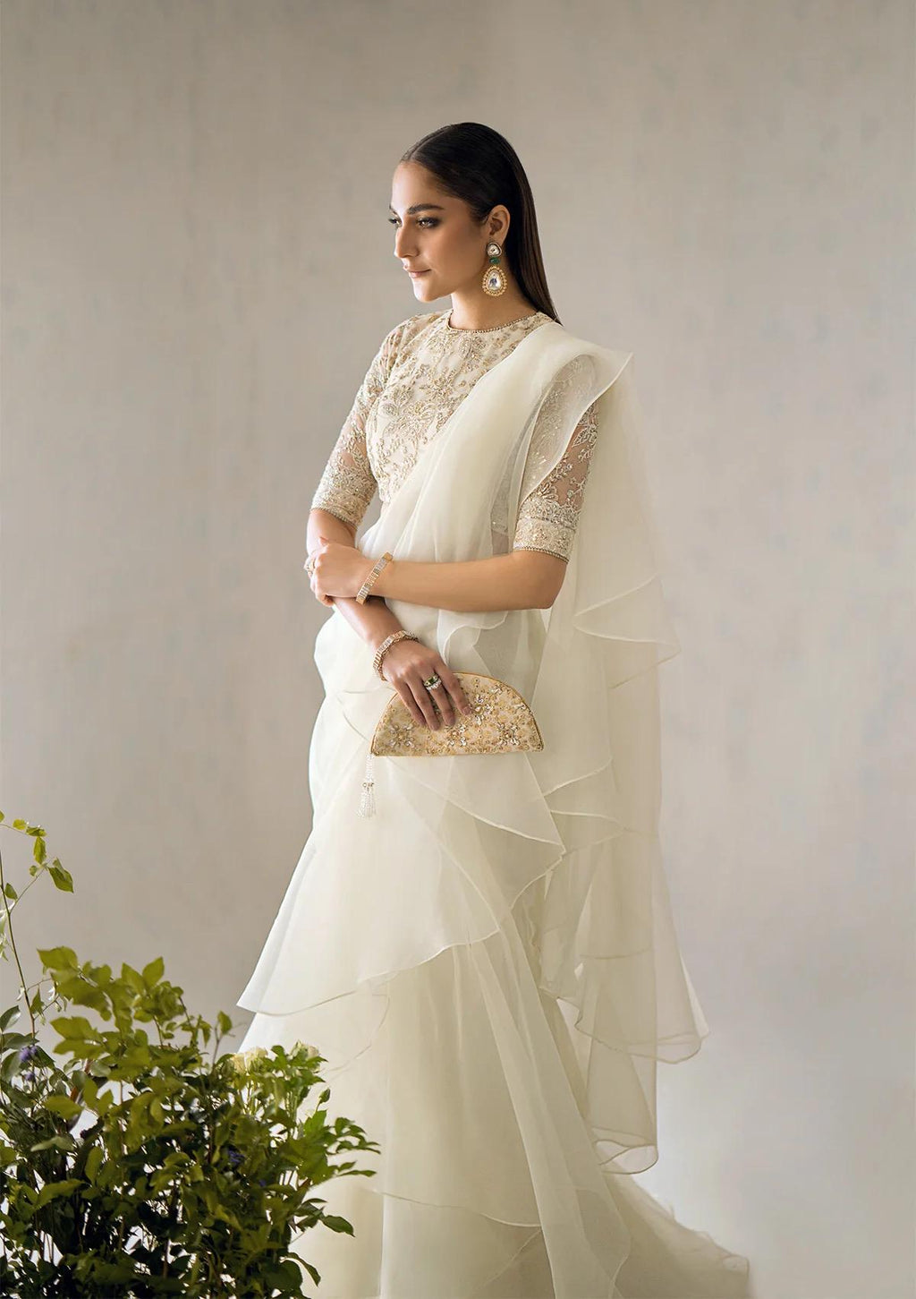 dreamy off white saree  with Embroidered Blouse: Indian Party Wear