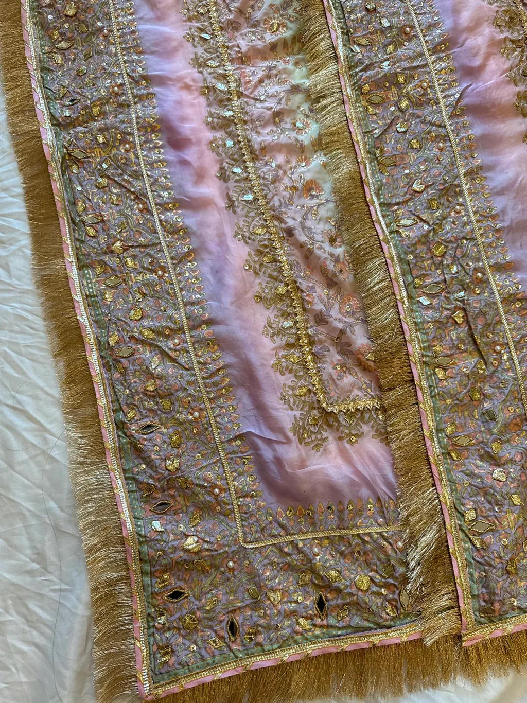 Hand-Embroidered Pastel Silk Dupatta: Gold Lace Indian Shawl