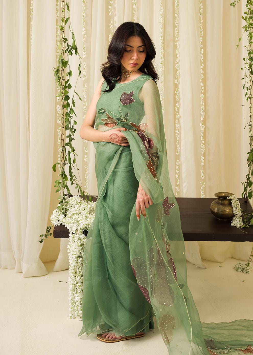 Hand-Painted Organza Saree, Green Floral Sequin Sari, Blouse Included