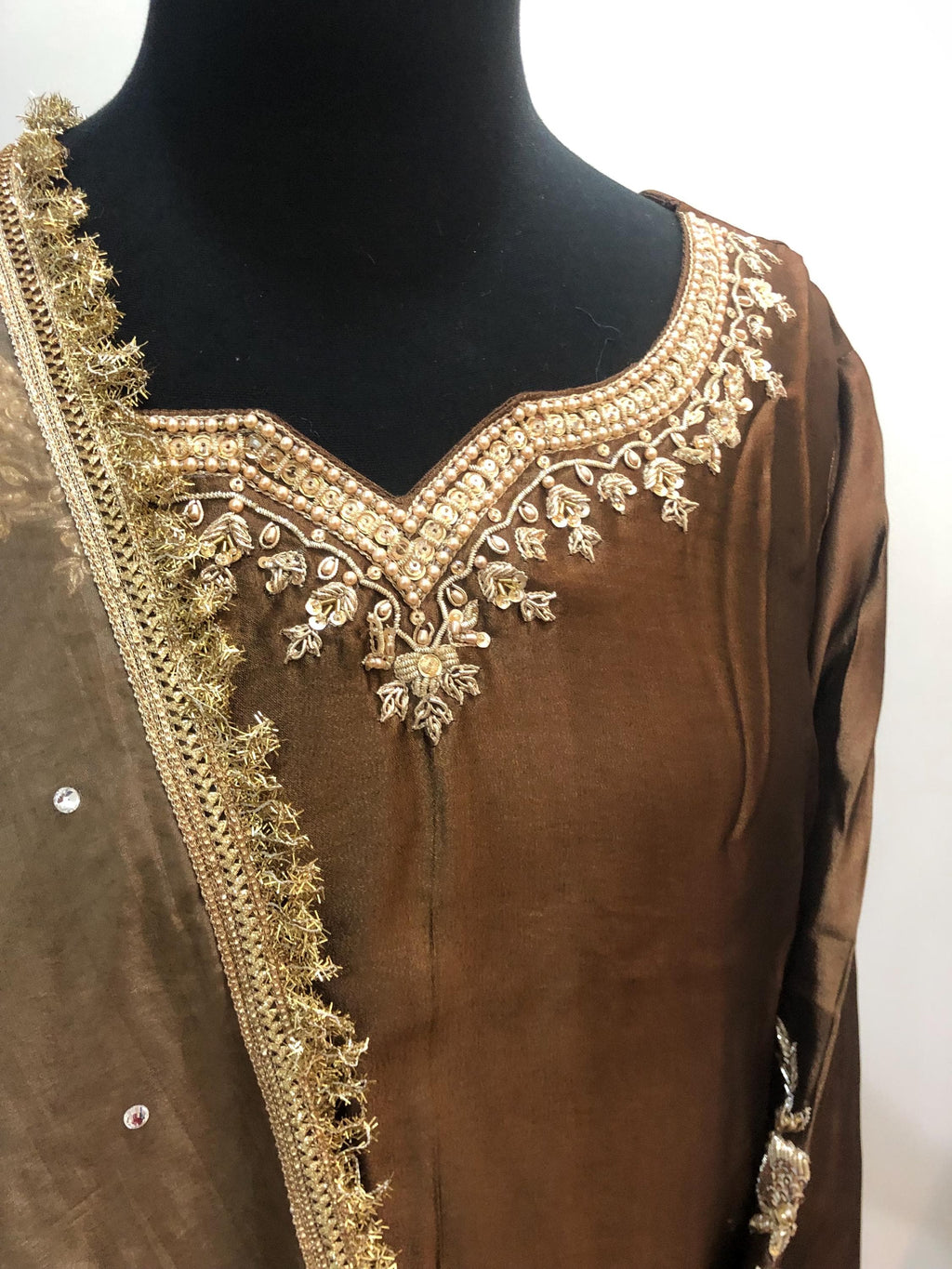 Brown Sheesha Silk Kamdani Suit, Hand-Painted Dupatta, Pakistani Wedding Outfit