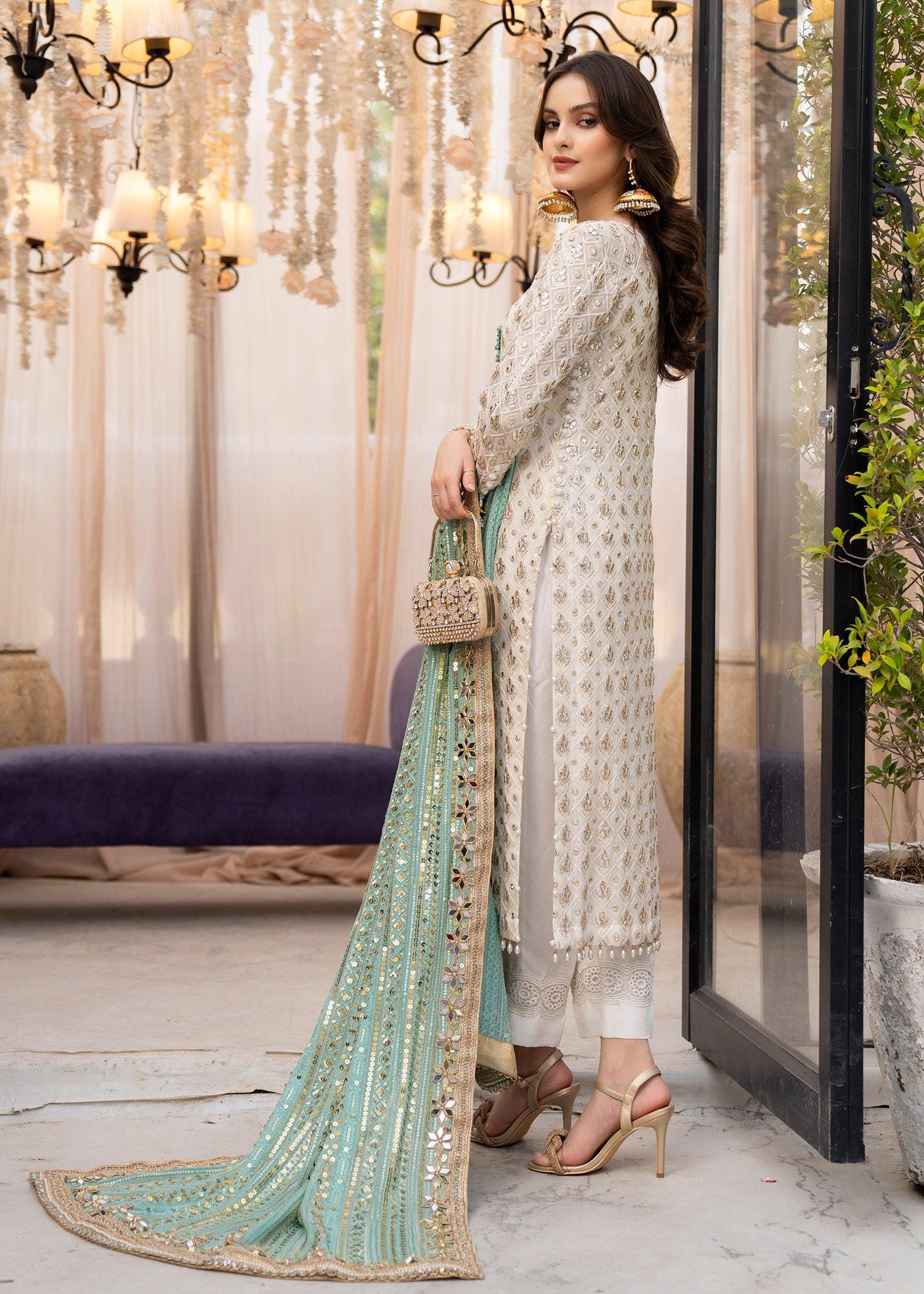 White Chiffon Chickenkari Shalwar Kameez, Zardozi Neckline, Pakistani Dress
