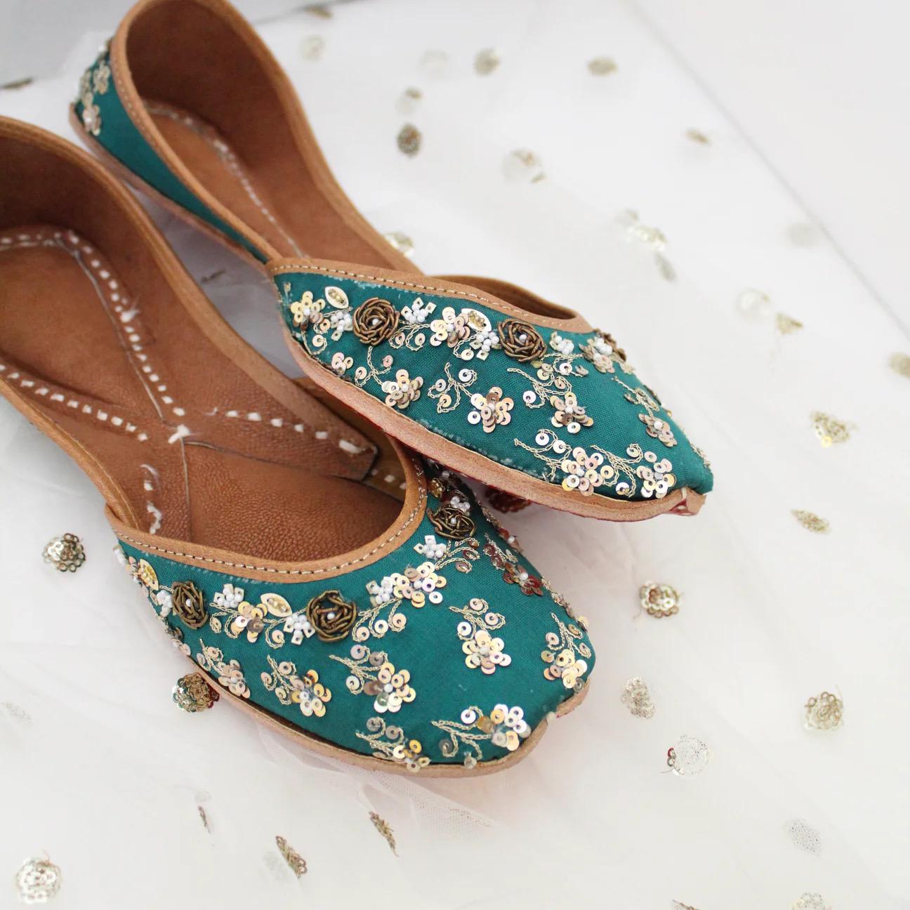 Floral Green Silk Khussa Flats, Handmade Punjabi Mojari Jutti