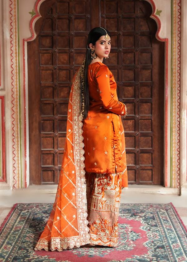 Embroidered Silk Shalwar Kameez: Pumpkin Orange Indian Party Outfit, 3pc punjabi suit women dress