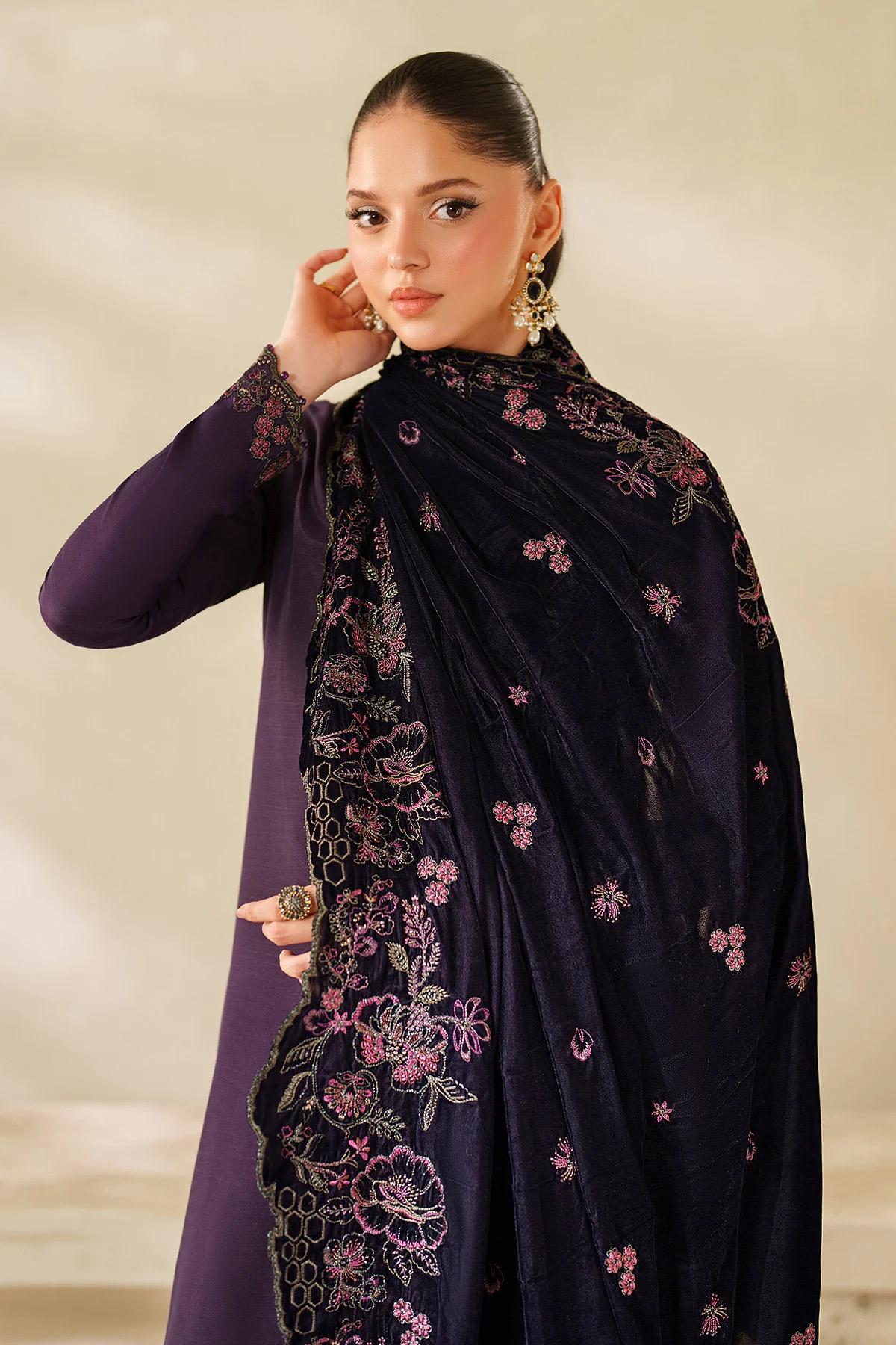 Plum Velvet Bridal Shawl, Sequins Embroidered, Kashmiri Style
