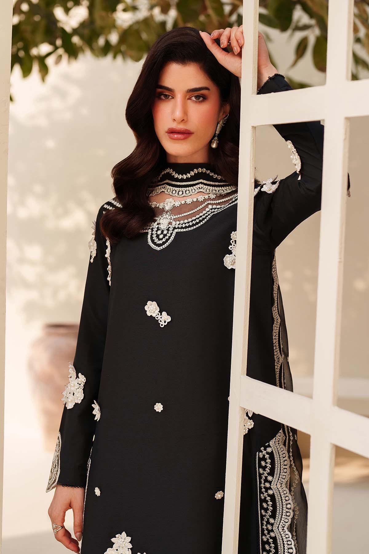 black pakistani Embroidered Silk Shalwar  3pc Suit, 3D Floral Pakistani Dress with Dupatta