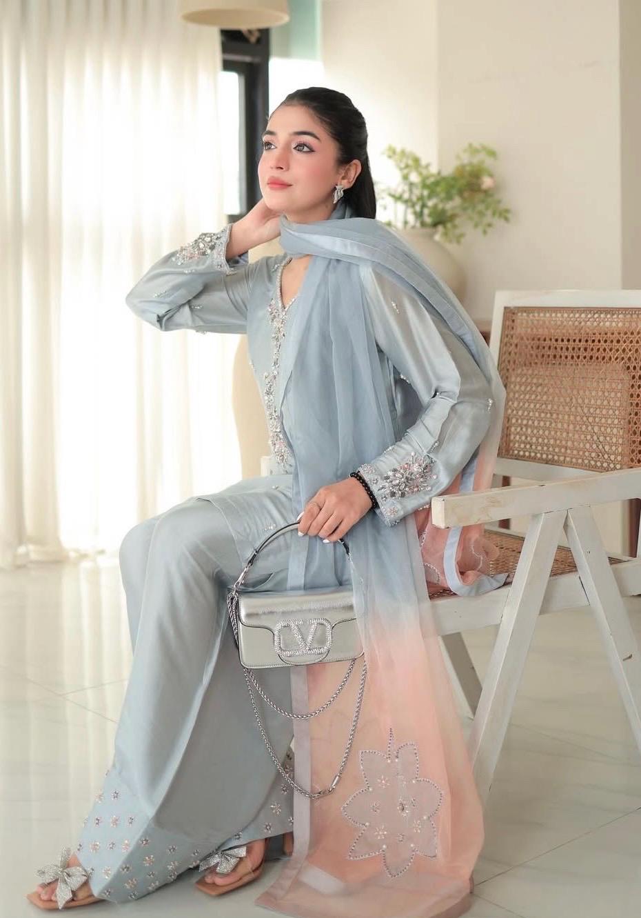 Sky Blue Farshi Shalwar Kameez | Russian Silk Punjabi Suit