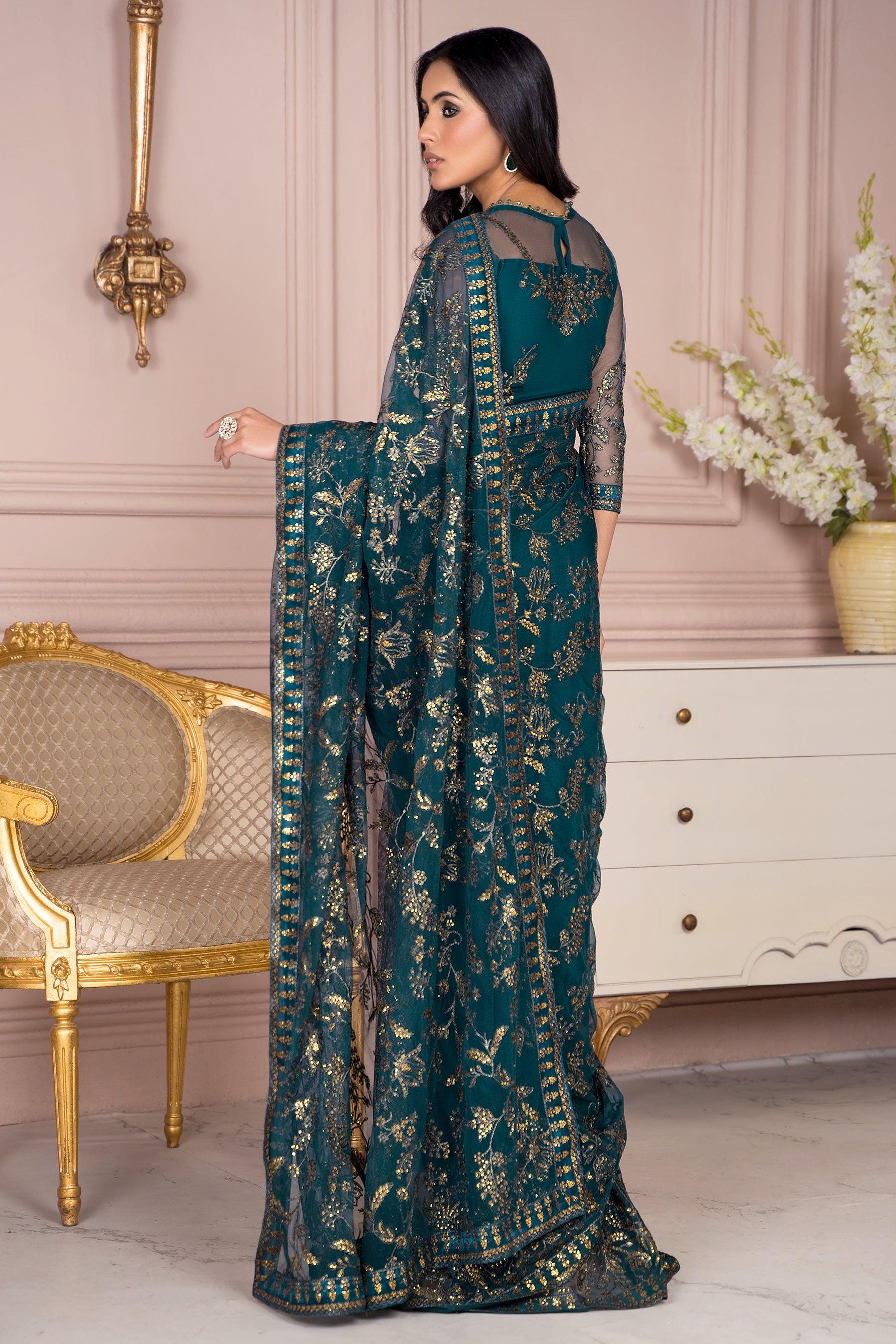 Teal green net Sequin Embroidered Saree with Blouse