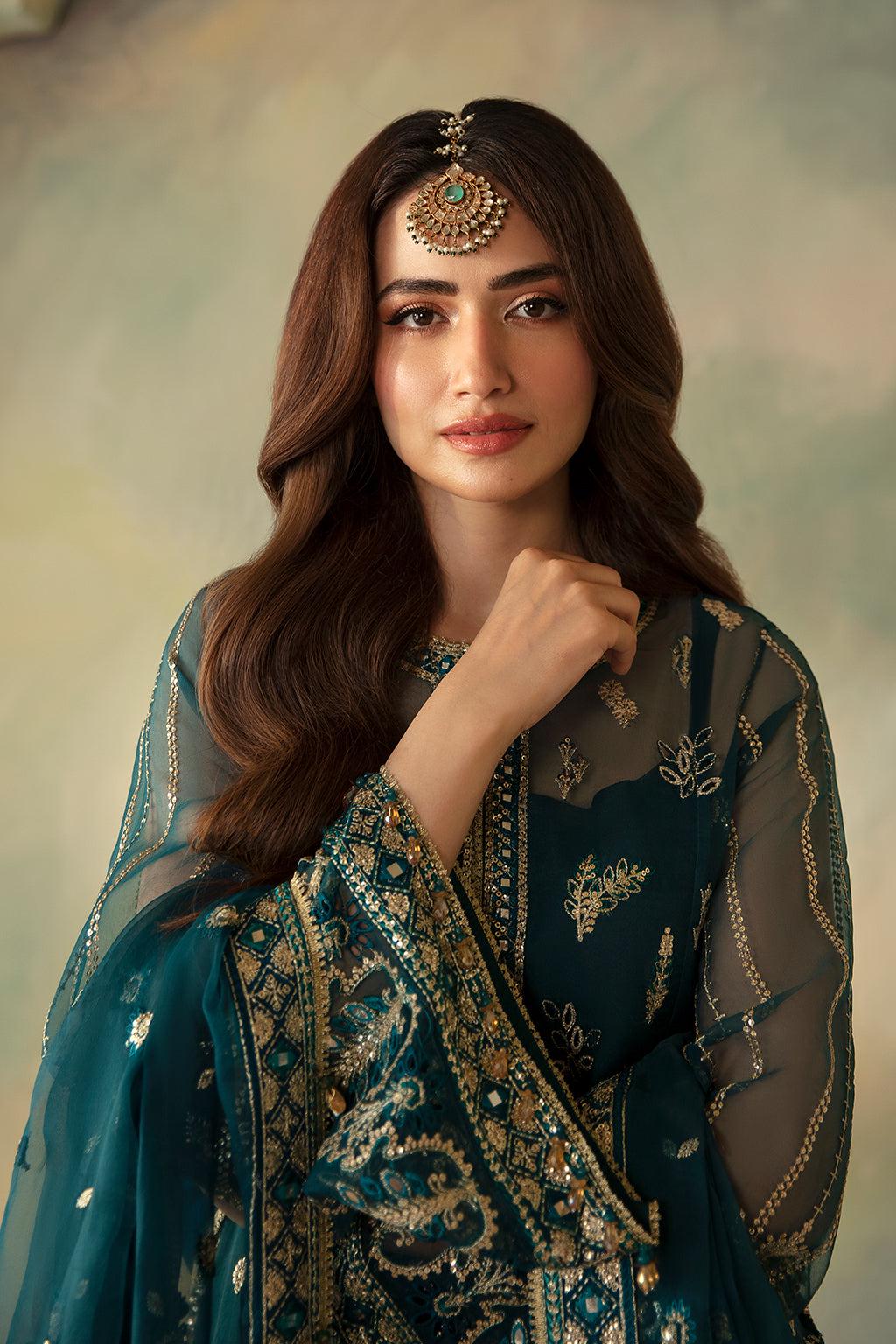 Embroidered Organza Pakistani Bridal Suit: Teal Green 3pc Shalwar Kameez