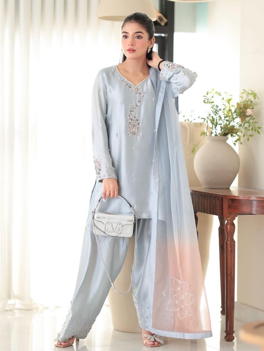 Sky Blue Farshi Shalwar Kameez | Russian Silk Punjabi Suit