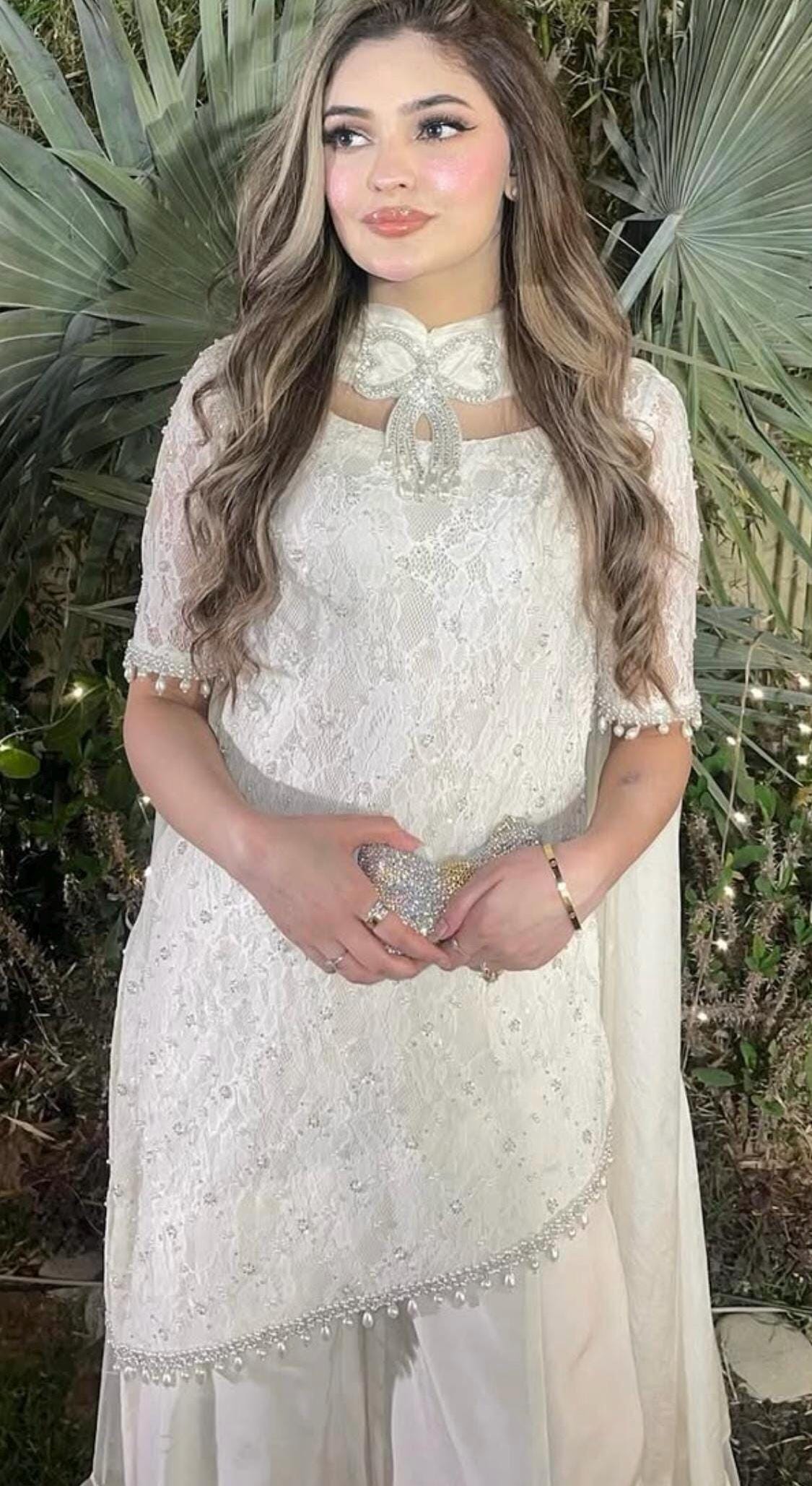 White Lace Kameez Set: Pakistani Mirrorwork Outfit, Butter Net Silk