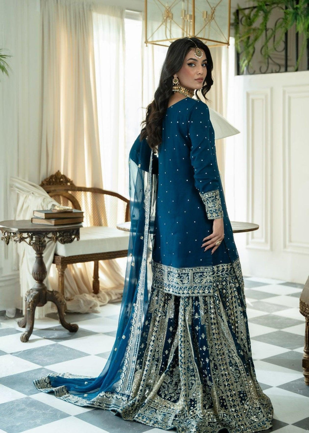 Blue Chiffon Gharara Dress, Indian Wedding Outfit, Zari Embroidery