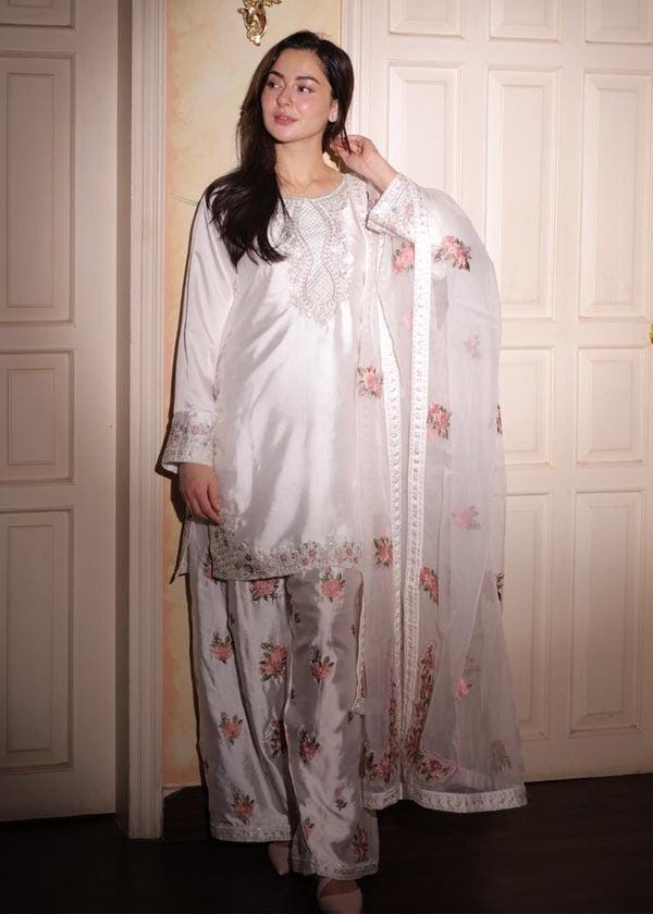 Embroidered White Silk Farshi Shalwar Kameez: Indian Party Outfit