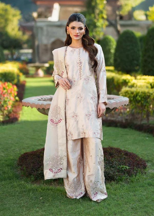 Kamdani Silk Punjabi Suit: Beige Short Kurta, Trouser & Dupatta