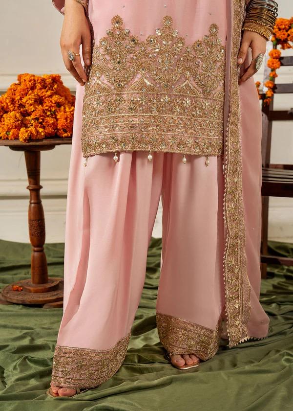 Blush Pink Kamdani Punjabi Suit: 3-Piece Chiffon Pakistani Wedding Outfit